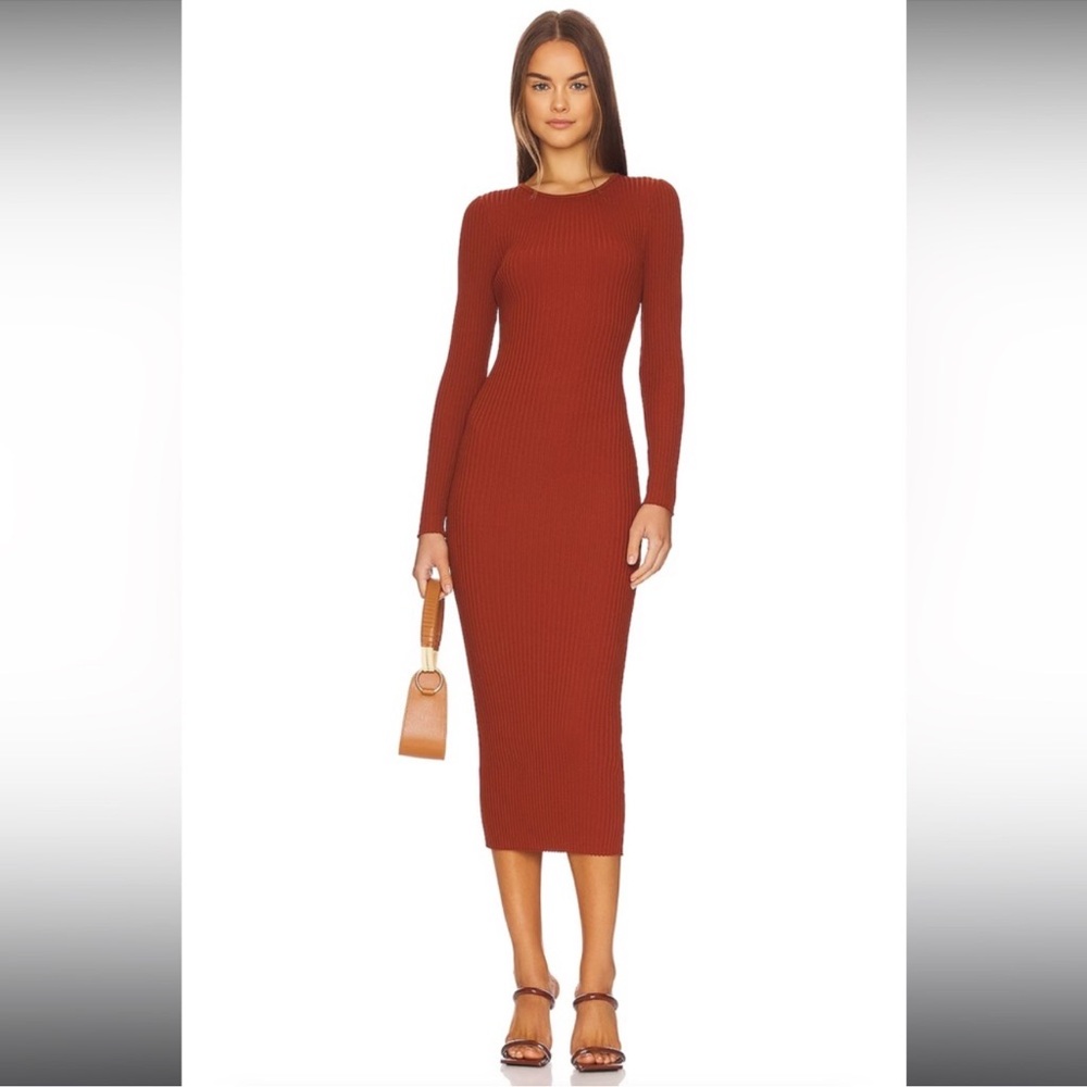 Brown Ribbed Bodycon Dress with Long Sleeves for Cocktail